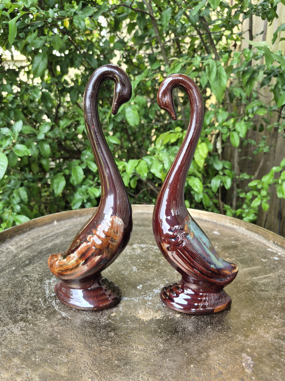 Vintage Pair Brown Drip Glaze Ceramic Swan Figurines Mid Century Japan Pottery